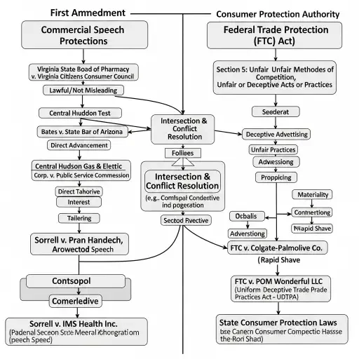 Legal framework diagram showing commercial speech protections versus consumer protection authority, with key case precedents and the specific elements that qualified Tesla's FSD marketing as regulable commercial speech
