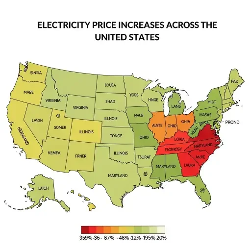 Map of United States showing electricity price increases by state, with highest increases concentrated in Virginia, Illinois, Ohio, and Maryland—all major data center hubs
