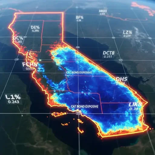 Satellite view of California wildfire perimeters overlaid with heat map of cat bond exposure zones, rendered in deep oranges and blues with financial ticker symbols floating at strategic grid intersections
