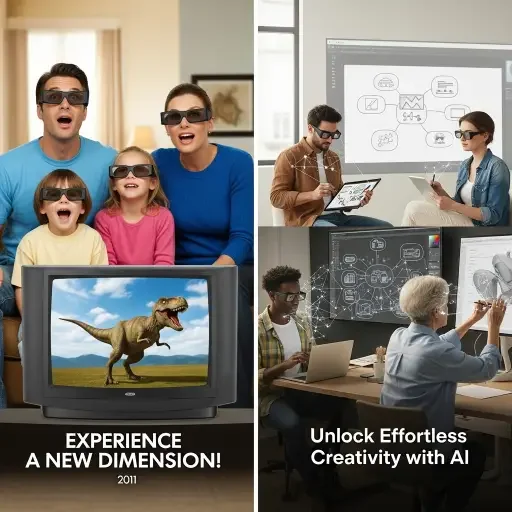 Side-by-side comparison: 3D TV advertisement from 2011 showing family wearing glasses versus modern AI tool advertisement showing effortless creativity