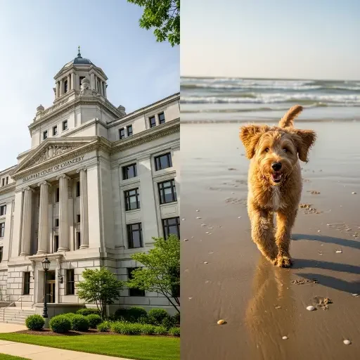 Split image showing the imposing Delaware Court of Chancery building exterior on one side and Tucker the goldendoodle on the beach on the other, emphasizing the incongruity of venue and subject matter