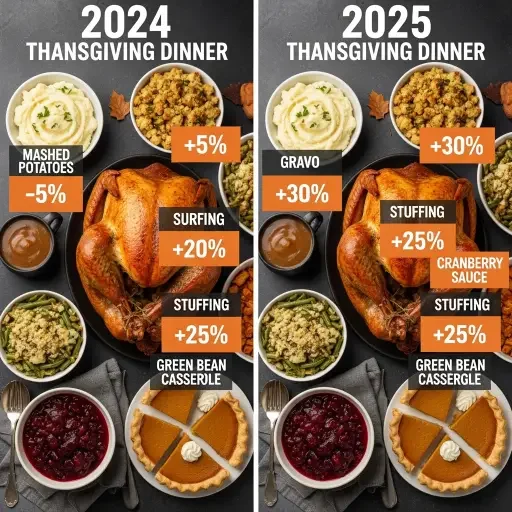 Split-screen comparison showing 2024 vs 2025 Thanksgiving dinner components with percentage increases overlaid on each item, emphasizing the dramatic disparities between turkey (down) and sides (sharply up)