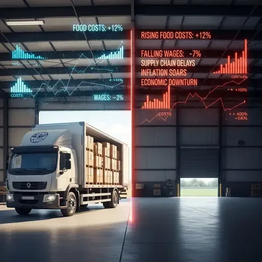 Split visualization showing pristine delivery truck on left side and empty cargo bay on right, with economic stress indicators (rising food costs, falling wages) overlaid as translucent data streams