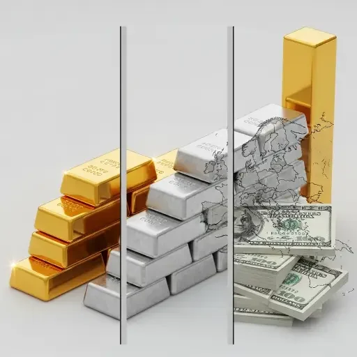 Three-column comparison chart gold bars with upward trend, silver bars with downward trend, and US dollar bills with geopolitical map overlay