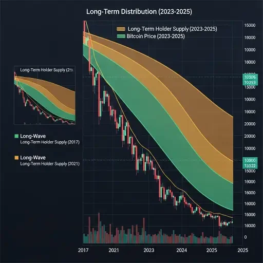 Three-wave distribution chart showing long-term holder supply declining in distinct phases overlaid with Bitcoin price action from 2023-2025, with historical 2017 and 2021 single-wave patterns for comparison