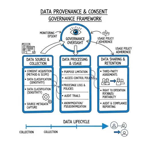 Whiteboard sketch illustrating a governance framework for data provenance and consent