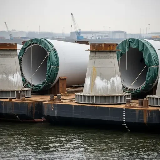 Close-up of turbine foundation parts on transport barges, freight stacked and idle while approvals hang in limbo
