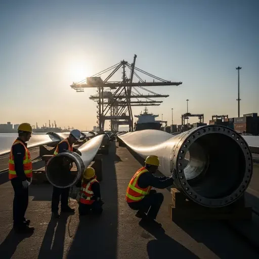 Workers onshore inspecting turbine components next to a port facility, idle cranes in background