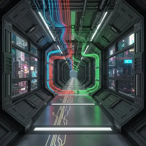 A corridor of armored protection spanning a city’s data centers, with fiber-optic ribbons weaving through