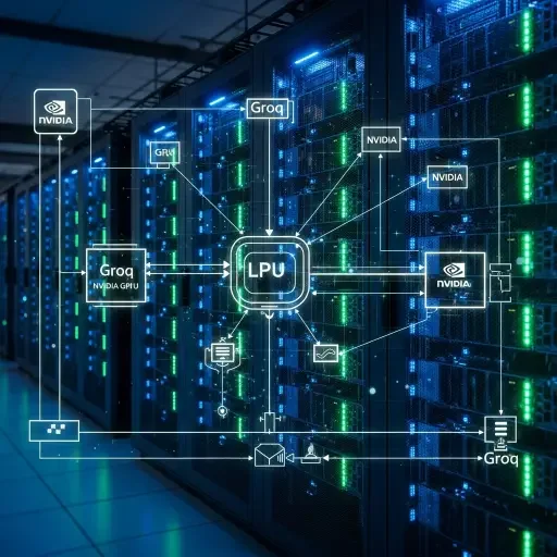 Data center racks with NVIDIA GPUs and schematic overlay showing Groq integration