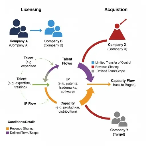 Schematic showing licensing vs acquisition pathways with arrows indicating talent, IP, and capacity flows