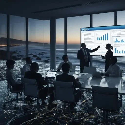 A boardroom in twilight, silhouettes of executives debating policy slides with the ocean of cables visible through a window