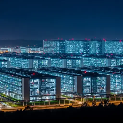 A final image of a night skyline over a data center campus, lights blinking like a constellation of strategic options