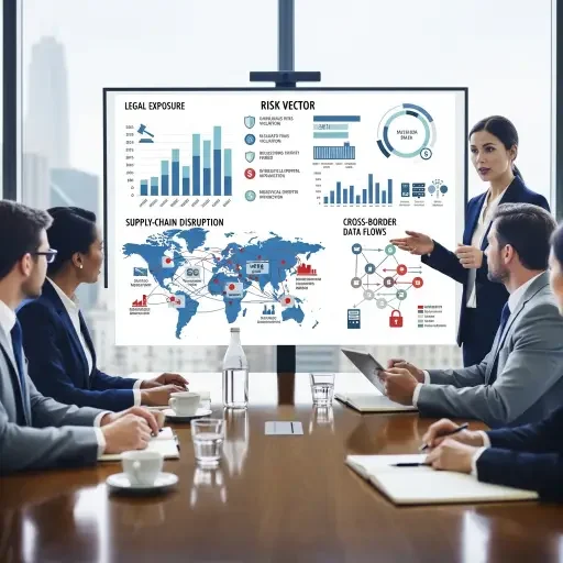 An executive briefing with charts showing risk vectors—legal exposure, supply-chain disruption, and cross-border data flows