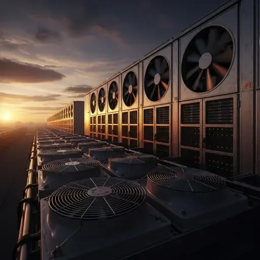 Data centers glinting in the dusk, edge-of-aisle turbines of cooling fans and humming blades of fans—silent engines of a new geopolitical economy
