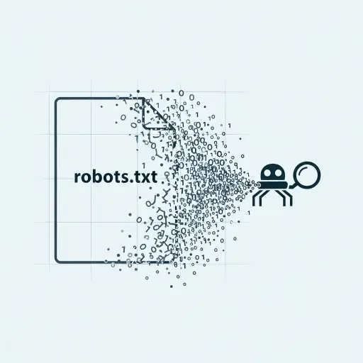 A minimalist graphic showing a 'robots txt' file crumbling into binary dust as a crawler passes through it