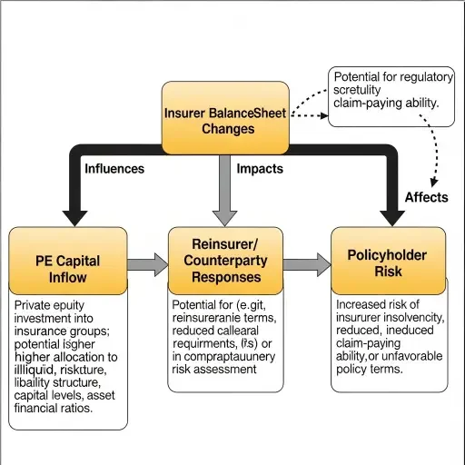 Flow diagram: PE capital → insurer balance-sheet changes → reinsurer/counterparty responses → policyholder risk