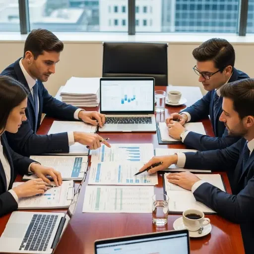 Private equity partners examining insurer balance sheets across a conference table