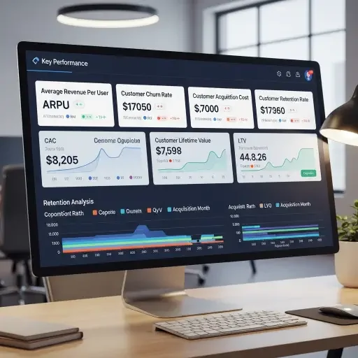 CFO-style dashboard with KPIs: ARPU, churn, CAC, LTV, and retention across cohorts.