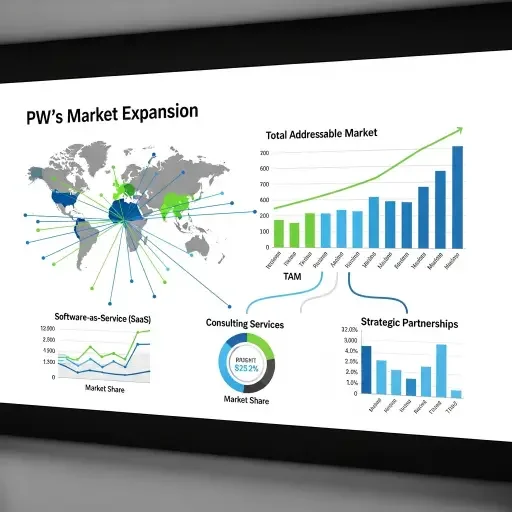 Investor briefing visuals showing PW's market expansion, TAM, and expansion into additional streams of revenue.