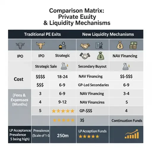 Comparison matrix showing traditional PE exits versus new liquidity mechanisms with cost, timeline, and LP acceptance metrics
