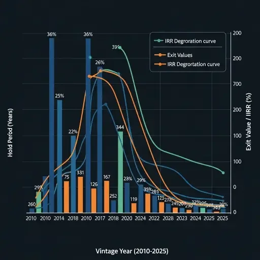 Timeline visualization showing median hold periods by vintage year from 2010-2025 with overlaid exit values and IRR degradation curves
