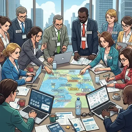 Illustration of policymakers, developers, and investors at a table mapping standards and tax flows