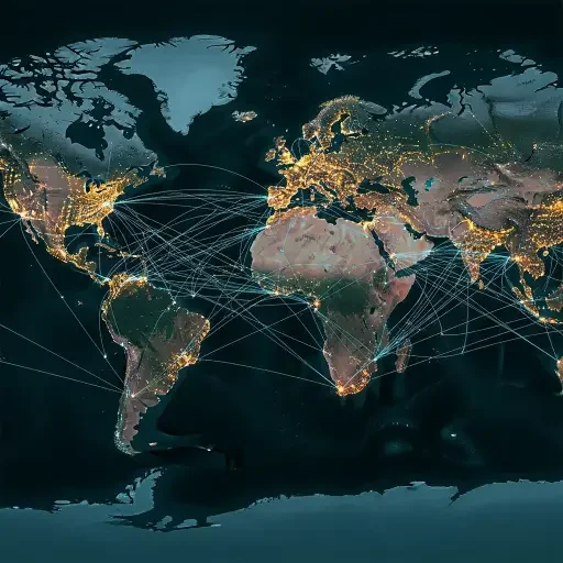 World map with illuminated connection lines representing international nuclear cooperation and geopolitical nuclear infrastructure