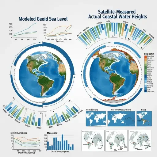 Infographic comparing modeled geoid sea level versus satellite-measured actual coastal water heights across global regions