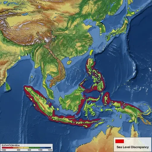 Satellite-derived coastal elevation map of Southeast Asia showing discrepancy between modeled and actual sea levels highlighted in red