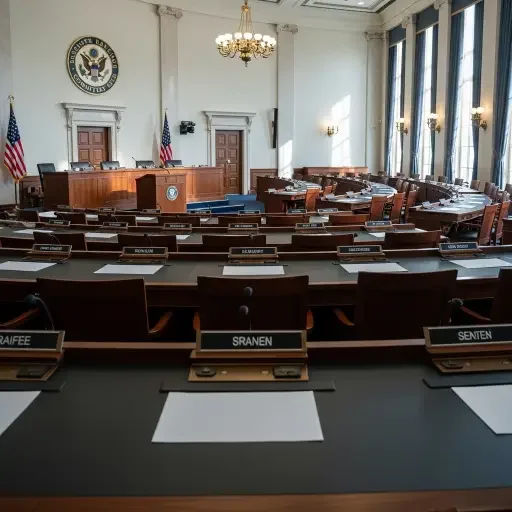 Senate Banking Committee hearing room with empty chairs and nameplates, symbolizing the postponed markup session and legislative delay in crypto regulation