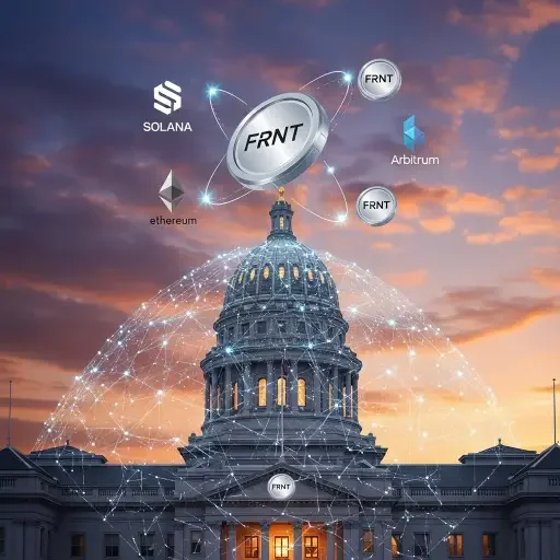 Wyoming state capitol building overlaid with blockchain network visualization and FRNT token symbol on multiple chain logos including Solana, Ethereum, Arbitrum, and Base