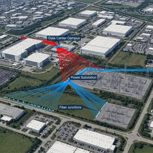 Aerial map showing data center campus proximity to power substations and fiber junctions