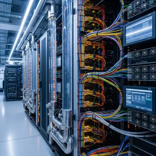 Interior racks and cooling infrastructure showing dense cabling and liquid cooling pipes beside GPU cabinets