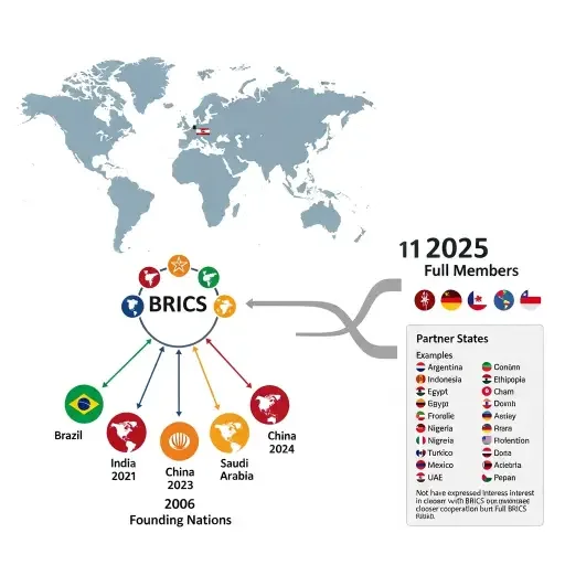 Diagram showing the expanding BRICS membership from 5 founding nations to 11 members plus partner states in 2025