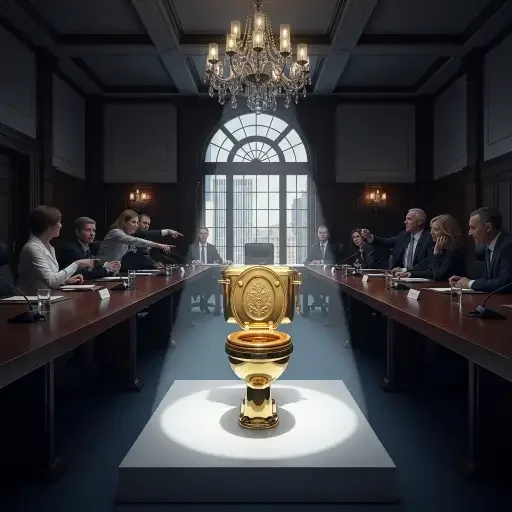 A dignified conference room tableau, with a mock-up of a gilded toilet displayed as a cautionary exhibit