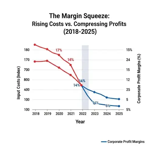 A conceptual line chart showing the inverse relationship between rising input costs and compressing corporate profit margins from 2018 to 2025, illustrating the 'margin squeeze' described in the article.