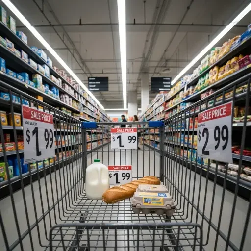 A point-of-view photo from inside a shopping cart, looking down a grocery store aisle. The image evokes the theme of rising consumer costs and economic pressure.