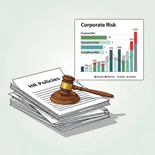 Illustration of HR policy documents, a gavel, and a corporate risk chart