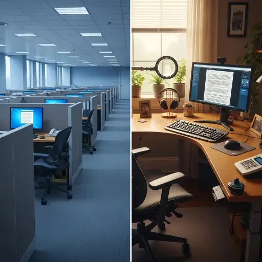 Split screen: an empty corporate bullpen on one side, a home office with accessibility aids on the other