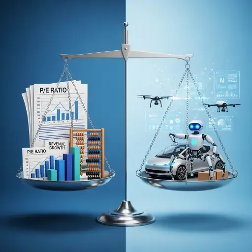 Conceptual split image showing balance scales, one side with traditional financial metrics (P/E ratio, revenue charts), other side with futuristic imagery of autonomous vehicles and robots