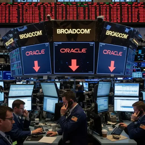 Financial trading floor with screens showing red numbers, Broadcom and Oracle logos prominently displayed with downward arrows