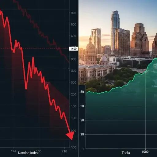 Split-screen visualization showing Nasdaq index plunging downward in red on one side, Tesla stock chart holding relatively steady on the other, with Austin cityscape in background