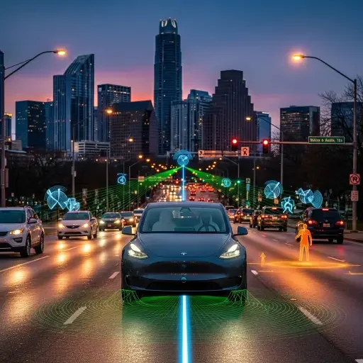 Tesla Model Y autonomous vehicle on Austin street at dusk, no driver visible, with subtle digital overlay showing sensor data and navigation paths