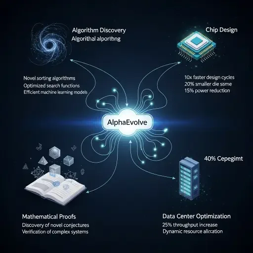 A conceptual network diagram showing AlphaEvolve at the center with connections radiating to different domains: chip design, data center optimization, mathematical proofs, algorithm discovery, each node showing specific improvements achieved