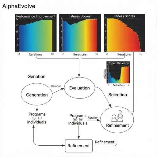 A flowchart showing the evolutionary loop of AlphaEvolve, with programs flowing from generation through evaluation and selection back to refinement, overlaid with heat maps showing performance improvements across iterations