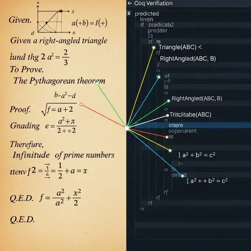 A split visualization showing a traditional mathematical proof on one side and its formal verification representation on the other, with connecting lines highlighting how natural language mathematical reasoning maps to formal logical structures
