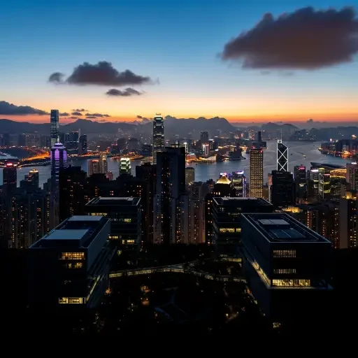Cityscape of Hong Kong with biotech campus silhouette in foreground