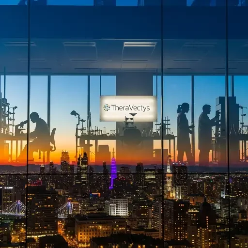 TheraVectys R&D lab silhouettes visible through glass, city skyline beyond