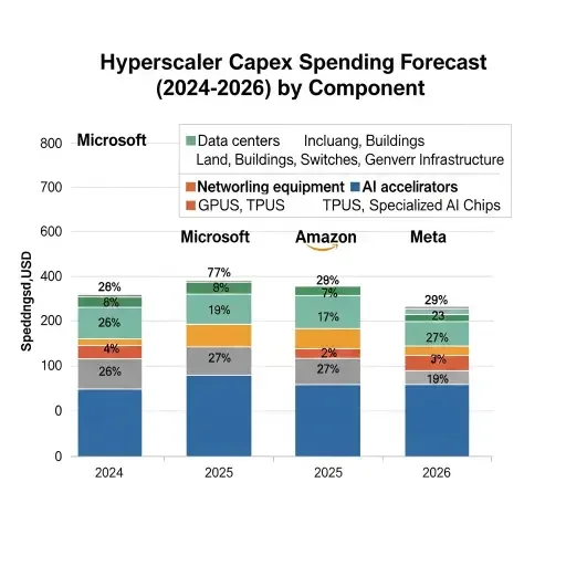 Bar chart comparing hyperscaler capex spending 2024-2026 with breakdown showing data center, networking, and AI accelerator components across Microsoft, Google, Amazon, and Meta